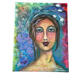 Original Portrait Woman Painting Bright Colors Pop Art Abstract Modern 14x18